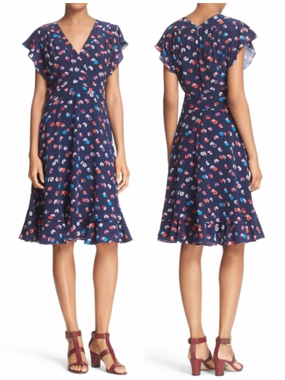 Rebecca Taylor Mia 100% Silk Floral V-Neck Dress, ruffle hem, fit & flare size 4